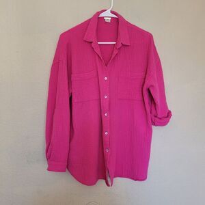 Magaschoni Women Button Down Shirt Medium Pink Organic Gauze Long Sleeve Pockets